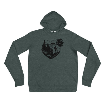 Heather Forest unisex hoodie with Log Off design