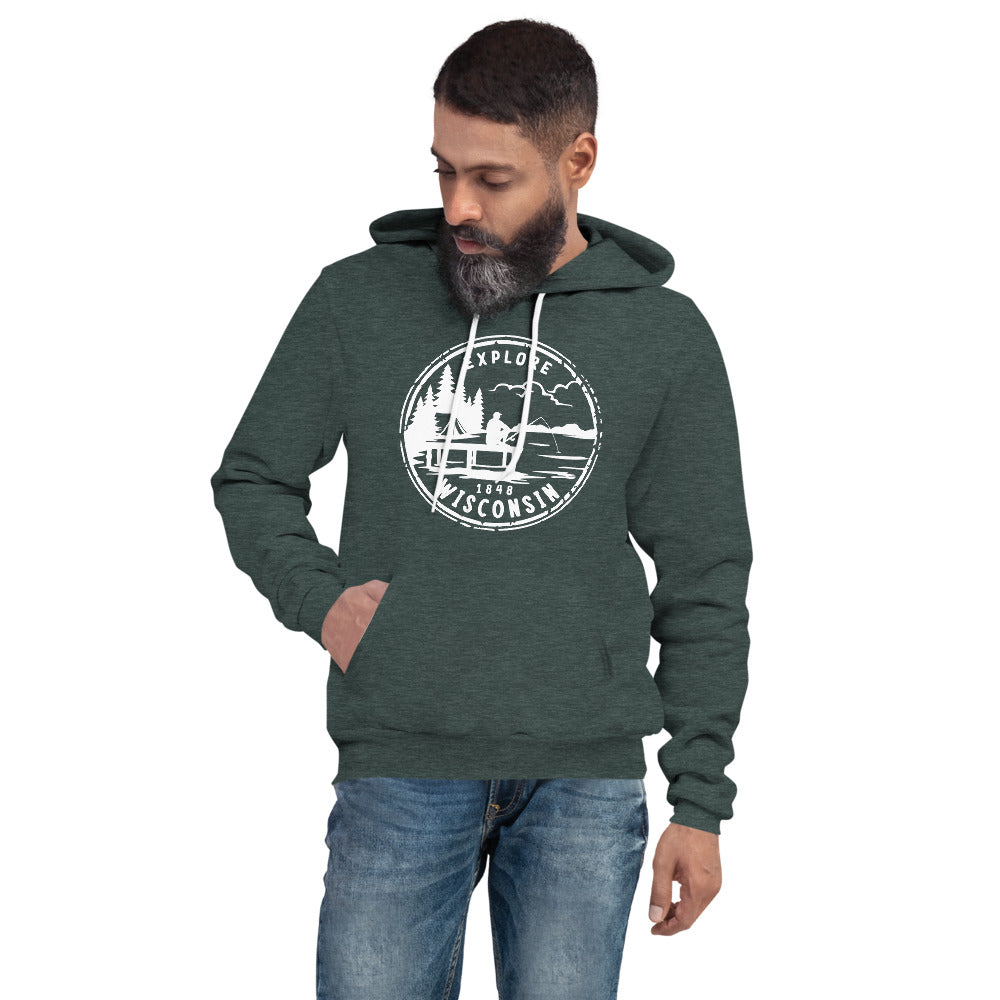 Heather forest unisex hoodie with Explore Wisconsin Keeper design