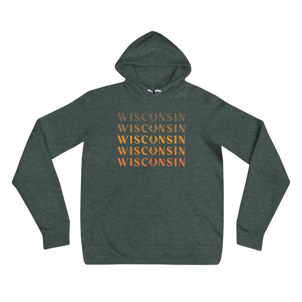 Forest Green Unisex Hoodie with Wisconsin Buck design in orange and brown ombre design