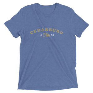 Blue Triblend unisex short sleeve t-shirt with Cedarburg Covered Bridge design in gold and white
