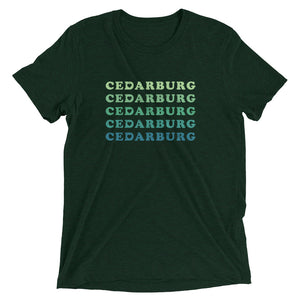 Emerald Green triblend unisex short sleeve t-shirt with ombre Cedarburg design in blues and greens