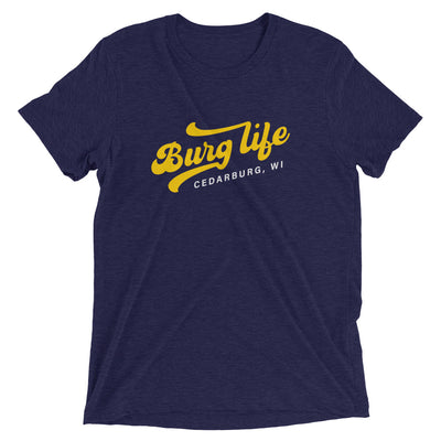 Navy Triblend Short Sleeve Unisex T-shirt with Burg Life design in mustard and white
