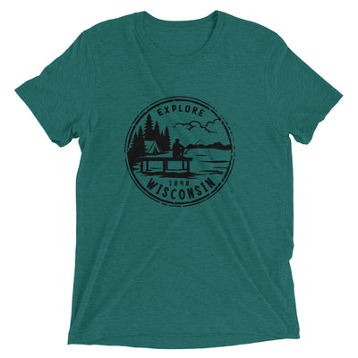Teal triblend unisex short sleeve t-shirt with Explore Wisconsin Keeper design in black